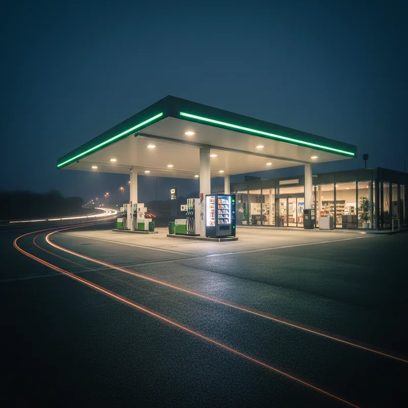 Verkaufsautomat an einer Tankstelle bei Nacht